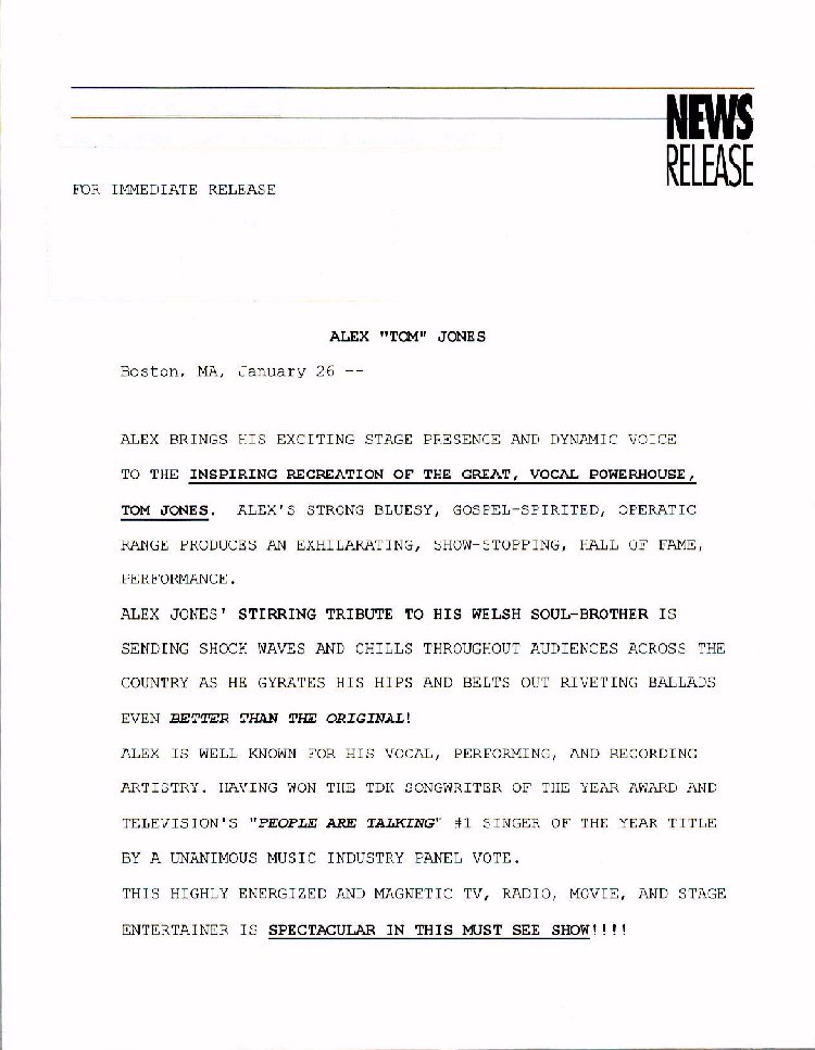 INTERNATIONAL NEWS RELEASE FOR ALEX JONES' AMAZING TRIBUTE TO HIS WELSH SOUL BROTHER...